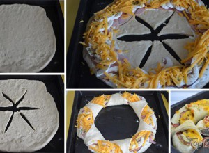 Recept Pizzakoszorú tejfölös alappal, sonkával, cheddar sajttal és csiperkegombával
